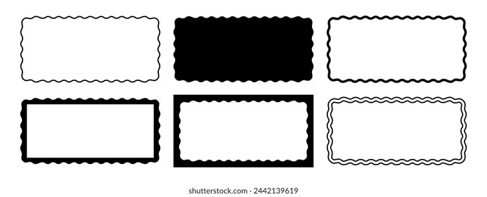 Set of rectangle frames with wiggly edges. Rectangular shapes with undulated borders. Picture or photo frames, empty text boxes, tags or labels scrapbook wavy elements. Vector graphic illustration.