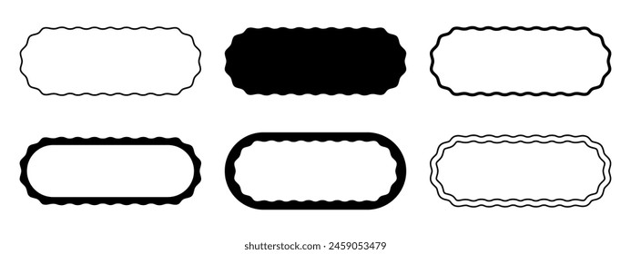 Set of rectangle frames with wiggly rounded edges. Oval shapes with wavy borders. Game buttons, empty text boxes, tags or labels scrapbook elements isolated on white background. Vector illustration.