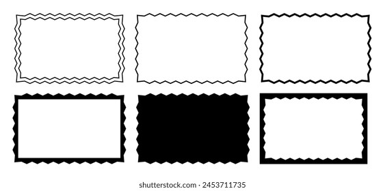 Set of rectangle frames with zig zag borders. Picture or mirror rectangular shapes with jagged edges isolated on white background. Text box, sticker or tag templates. Vector graphic illustration.