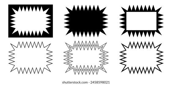 Set of rectangle frames with zigzag edges. Empty text boxes, speech bubbles, tags or labels rectangular shapes with jagged borders isolated on white background. Vector graphic illustration.
