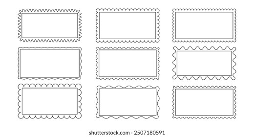 Set of Rectangle frames with zigzag wavy edge. Rectangular curved line shapes. Retro empty frame border. Simple Text box, tag stamp label sticker element for design. Vector illustration