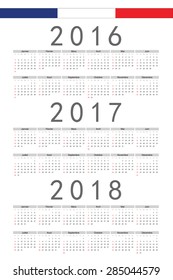Set of rectangle French 2016, 2017, 2018 year vector calendars. Week starts from Sunday.