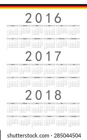 Set of rectangle German 2016, 2017, 2018 year vector calendars. Week starts from Sunday.