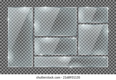 Set of rectangle glass plates isolated on a transparent background. Vector glass with reflection and lights effects