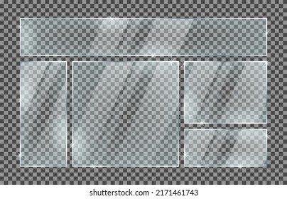 Set of rectangle glass plates isolated on a transparent background. Vector glass with reflection and lights effects