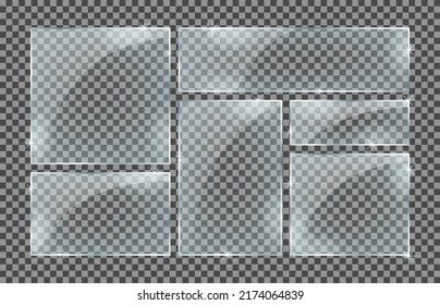 Set of rectangle glass plates isolated on a transparent background. Vector glass with reflection and lights effects