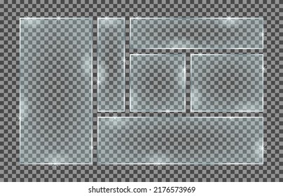 Set of rectangle glass plates isolated on a transparent background. Vector glass with reflection and lights effects