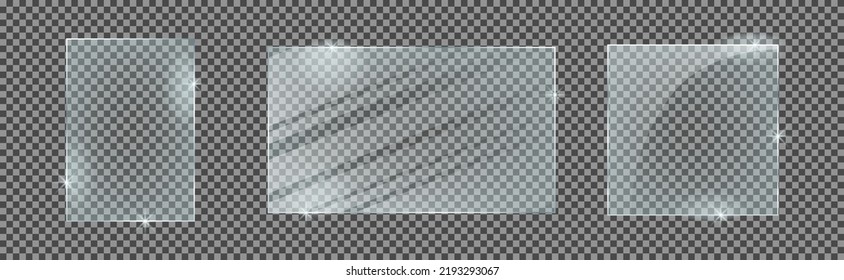 Set of rectangle glass plates isolated on a transparent background. Vector glass with reflection and lights effects