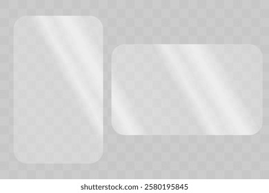 Set of rectangle glass. Texture of a rectangle plate with solar reflection. Beautiful realistic reflection. Light effect for a picture or a mirror. Vector illustration	