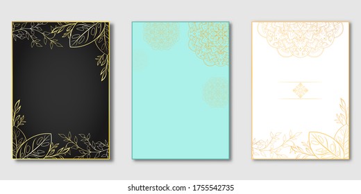 Set of Rectangle golden frame and blue sky with mandala floral flower, White blue black background, Pattern of mandala template set, Use for page cover Brochure your design, Vector illustration