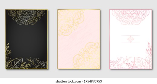 Set of Rectangle golden frame and pink with mandala floral flower, White pink black background, Pattern of mandala template set, Use for page cover Brochure your design, Vector illustration