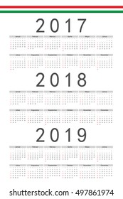 Set of rectangle Hungarian 2017, 2018, 2019 year vector calendars. Week starts from Sunday.