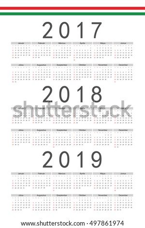 Set of rectangle Hungarian 2017, 2018, 2019 year vector calendars. Week starts from Sunday.