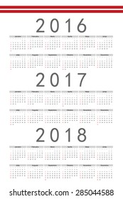 Set of rectangle Latvian 2016, 2017, 2018 year vector calendars. Week starts from Sunday.