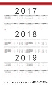 Set of rectangle Latvian 2017, 2018, 2019 year vector calendars. Week starts from Sunday.