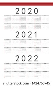 Set of rectangle Latvian 2020, 2021, 2022 year vector calendars. Week starts from Sunday.