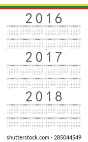 Set of rectangle Lithuanian 2016, 2017, 2018 year vector calendars. Week starts from Sunday.