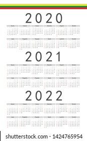Set of rectangle Lithuanian 2020, 2021, 2022 year vector calendars. Week starts from Sunday.