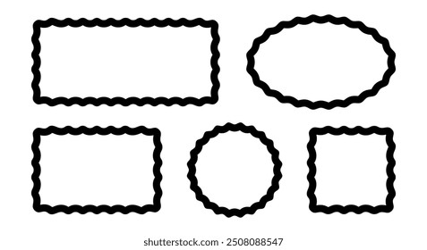 Set of rectangle, oval, round and square frames with wavy borders. Picture or mirror borders with wiggly edges isolated on white background. Empty boxes, tags or labels. Vector graphic illustration.