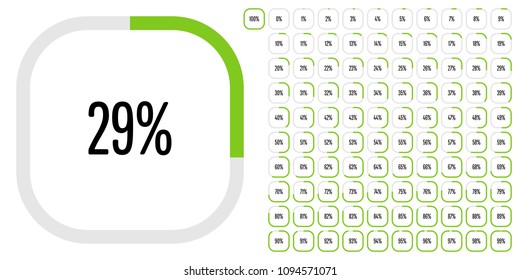 Set of rectangle percentage diagrams from 0 to 100 ready-to-use for web design, user interface (UI) or infographic - indicator with green