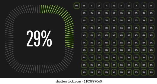 Set of rectangle percentage diagrams from 0 to 100 ready-to-use for web design, user interface (UI) or infographic - indicator with green