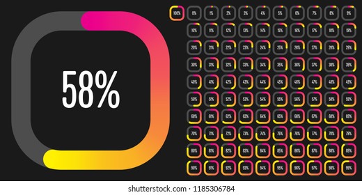 Set of rectangle percentage diagrams from 0 to 100 ready-to-use for web design, user interface (UI) or infographic - indicator with gradient from magenta (hot pink) to yellow