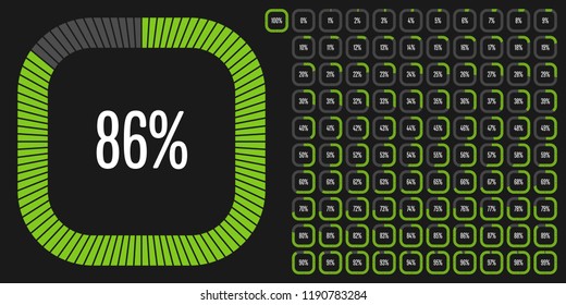 Set of rectangle percentage diagrams from 0 to 100 ready-to-use for web design, user interface (UI) or infographic - indicator with green