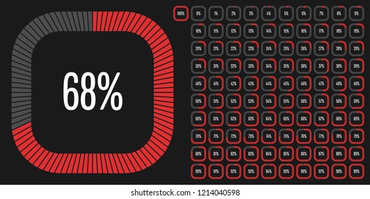 Set of rectangle percentage diagrams from 0 to 100 ready-to-use for web design, user interface (UI) or infographic - indicator with red