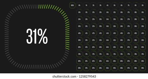 Set of rectangle percentage diagrams from 0 to 100 ready-to-use for web design, user interface (UI) or infographic - indicator with green