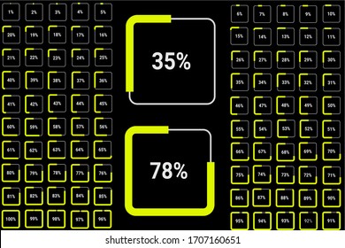 Set of rectangle percentage diagrams from 0 to 100 ready-to-use for web design, user interface (UI) or infographic - indicator with yellow and black
