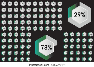 Set of rectangle percentage diagrams from 0 to 100 ready-to-use for web design, user interface (UI) or infographic - indicator with green and black