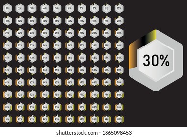 Conjunto de diagramas de porcentaje de rectángulos de 0 a 100 listos para usar para diseño web, interfaz de usuario (IU) o infografía - indicador con amarillo y negro