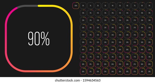 Set of rectangle percentage diagrams meters from 0 to 100 ready-to-use for web design, user interface UI or infographic - indicator with gradient from yellow to magenta hot pink