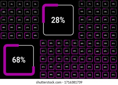 Set of rectangle percentage diagrams meters from 0 to 100 ready-to-use for web design, user interface UI or infographic- indicator with purple