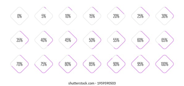 Set of rectangle percentage diagrams meters from 0 to 100 ready-to-use for web design, user interface UI or infographic - indicator with purple