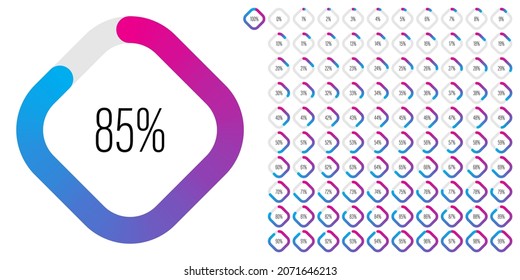 Set of rectangle percentage diagrams meters from 0 to 100 ready-to-use for web design, user interface UI or infographic - indicator with gradient from magenta hot pink to cyan blue