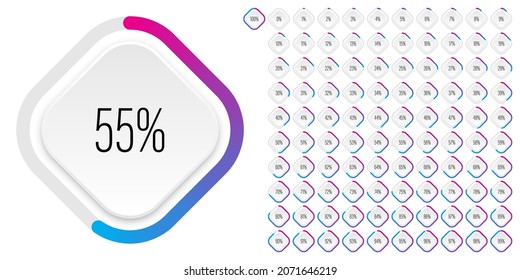 Set of rectangle percentage diagrams meters from 0 to 100 ready-to-use for web design, user interface UI or infographic - indicator with gradient from magenta hot pink to cyan blue
