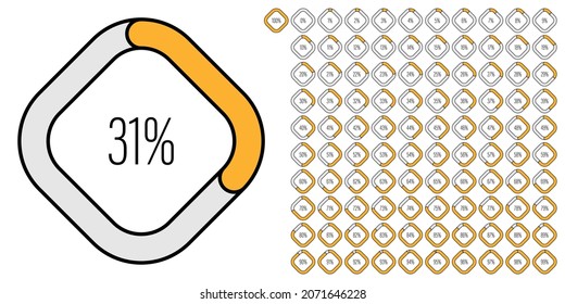 Set of rectangle percentage diagrams meters from 0 to 100 ready-to-use for web design, user interface UI or infographic - indicator with yellow