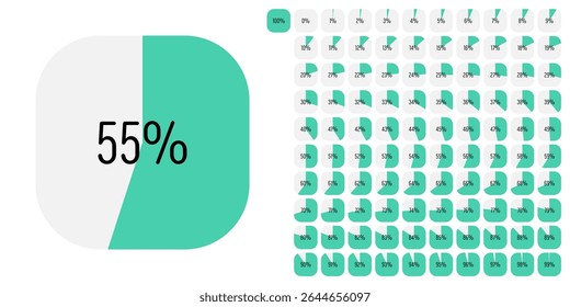 Set of rectangle percentage diagrams meters from 0 to 100 ready-to-use for web design, user interface (UI) or infographic - indicator with green
