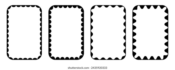 Set of rectangle photo or picture frames with wavy inner borders. Retro vignettes collection. Wiggly text box frameworks. Decoration design elements isolated on white background. Vector illustration.