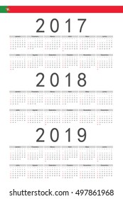 Set of rectangle Portuguese 2017, 2018, 2019 year vector calendars. Week starts from Sunday.