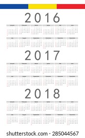 Set of rectangle Romanian 2016, 2017, 2018 year vector calendars. Week starts from Sunday.