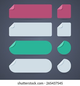 Set of rectangle and round blank paper stickers with curved corners. Vector illustration