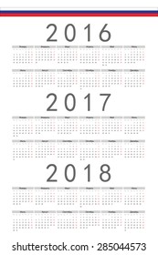 Set of rectangle Russian 2016, 2017, 2018 year vector calendars. Week starts from Monday.