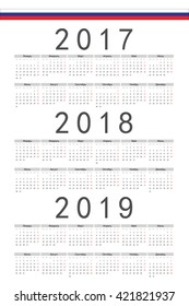 Set of rectangle Russian 2017, 2018, 2019 year vector calendars. Week starts from Monday.