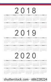 Set of rectangle Russian 2018, 2019, 2020 year vector calendars