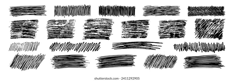 Set of rectangle scribble smears, wavy lines and strokes drawn with pen. Black hand drawn design elements on white background. Vector illustration