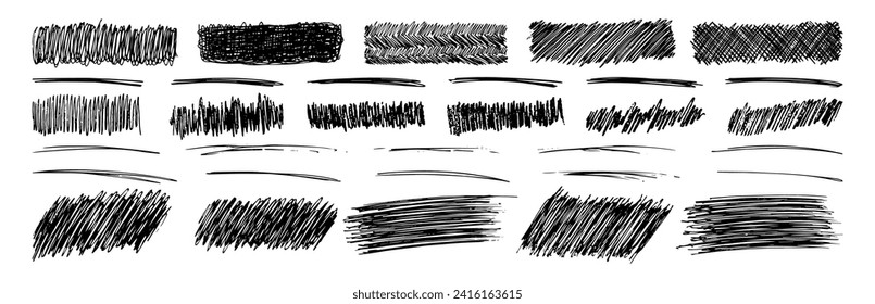 Set of rectangle scribble smears, wavy lines and strokes drawn with pen. Black hand drawn design elements on white background. Vector illustration