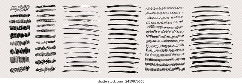 Set of rectangle scribble smears, wavy lines and strokes drawn with pen. Black hand drawn design elements on transparent background. Vector illustration