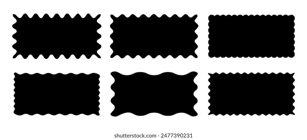 Set of rectangle shape frames with zigzag edge. Uneven zigzag rectangular shapes. Jagged rectangle. Isolated elements for design of text box, badge, banner. Vector illustration